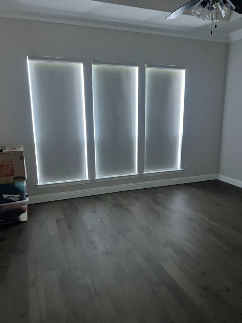 Roller shades on three windows